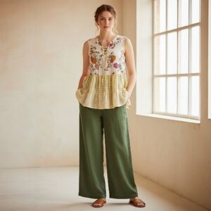 Patchwork Floral Gingham Lace Up Top - Cottagecore Boho Festival - Mystree - L